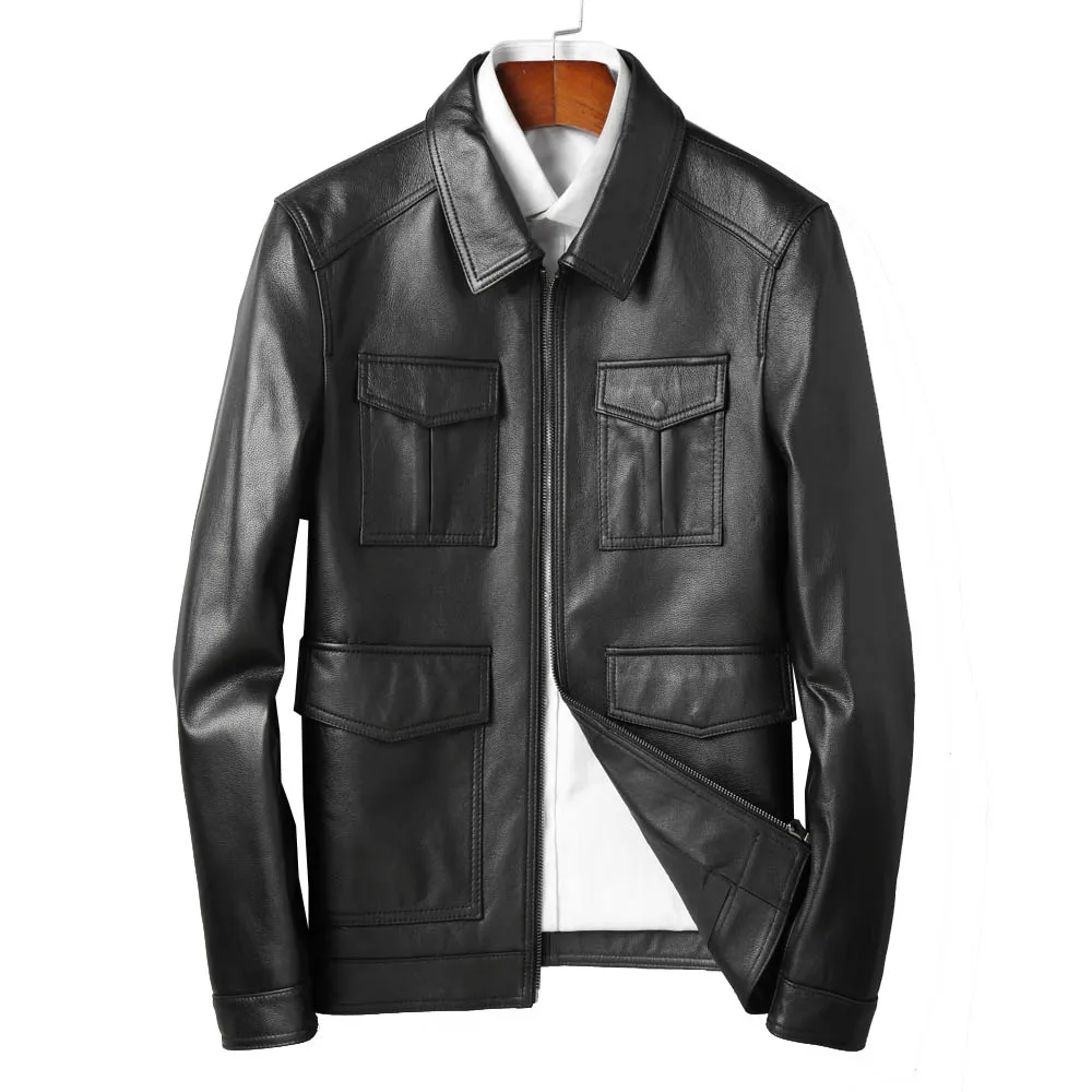 Casual Men Spring Classic Four Pockets Genuine Cowhide Leather Jacket