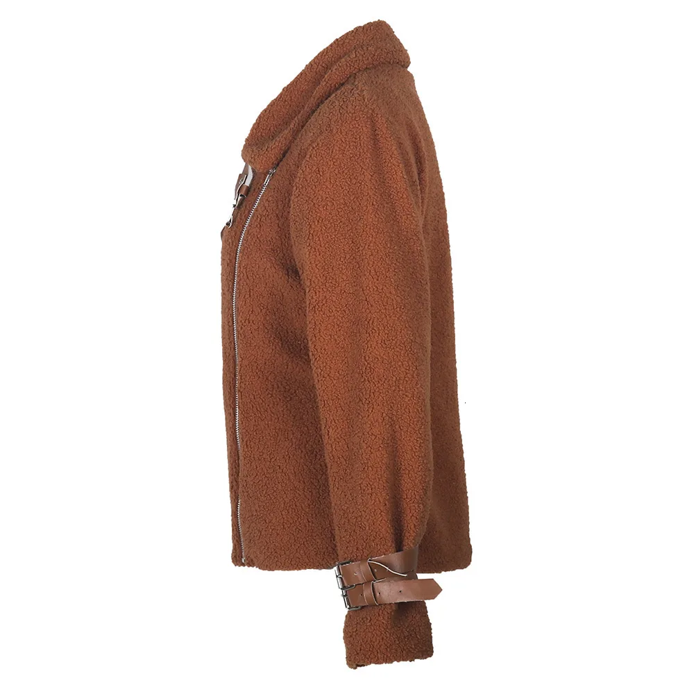 Женская зимняя повседневная однотонная куртка с длинным рукавом из искусственного меха, плюшевое пальто с отложным воротником, женские плюшевые пальто на молнии с поясом, верхняя одежда