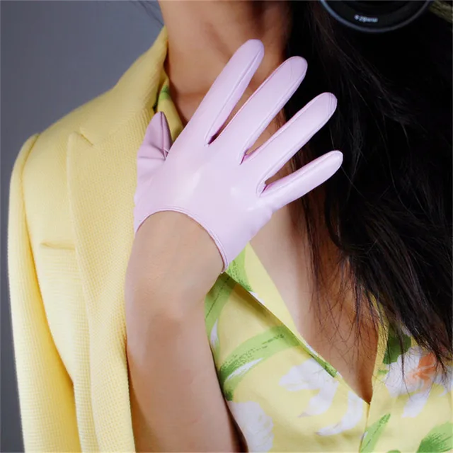 Newest Women PU Gloves Loose Long Faux Leather Glove 90cm Big Sleeve Amulation Sheepskin Light Pink Female WPU308 13cm