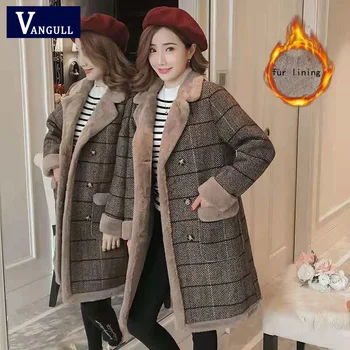 

Vangull Winter Women Wool Blend Casual Jacket Plaid Trench Coat Elegant Slim Thick Fur Lining Outerwear Female Cashmere 2019 New