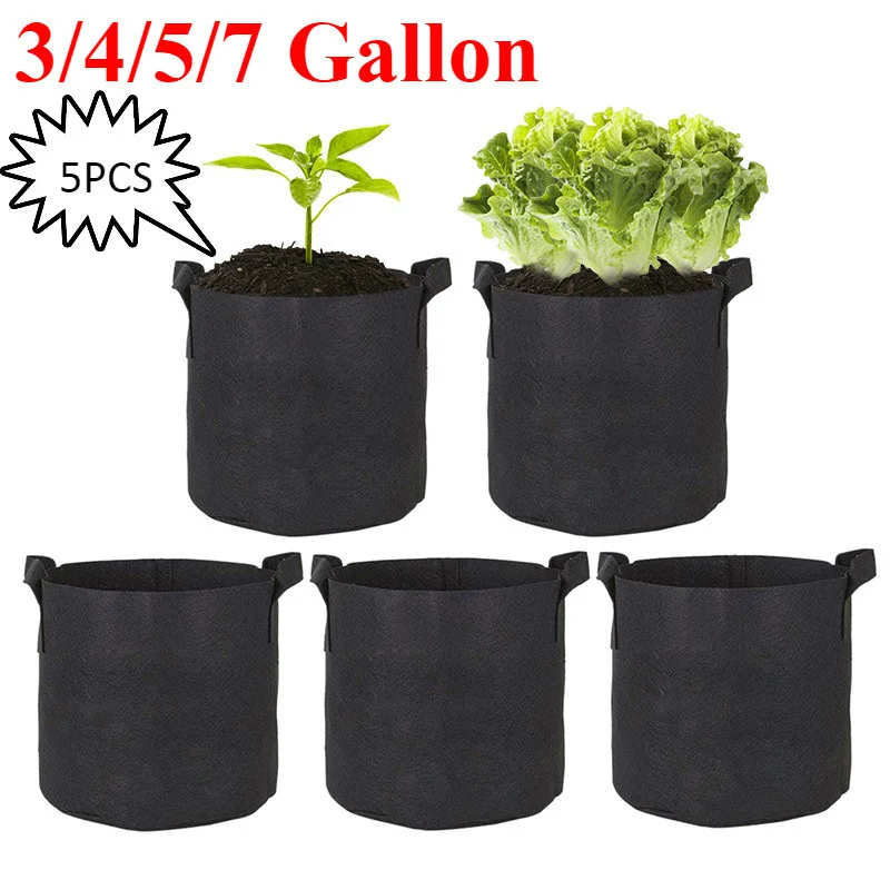 Grow-Bags Planter Flower Gardening-Fabric Vegetable-Growing Felt 3/4/5/7-gallon 5pcs