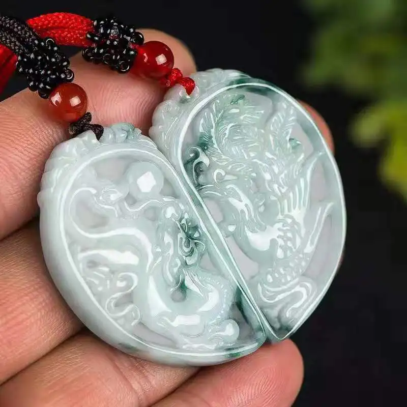 Natural jade hand-carved dragon and phoenix with holes for men and women pendant 