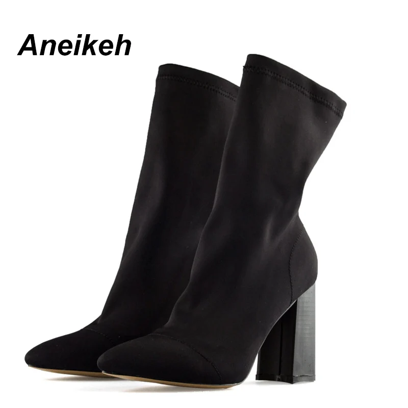 Aneikeh 여성용 앵클 부츠, 포인티드 토 양말 부츠, 스퀘어 하이힐 부츠, 슬..