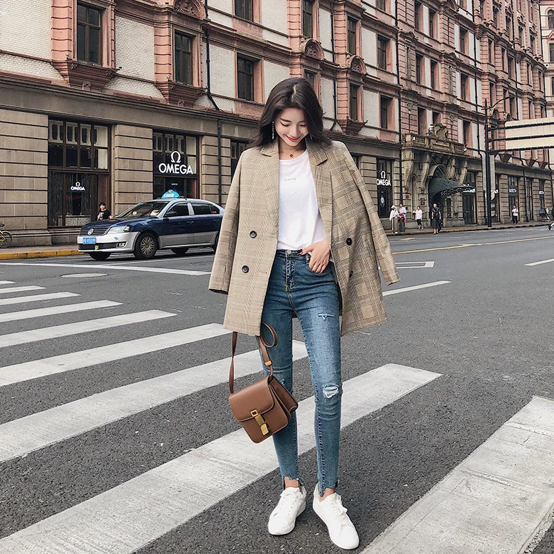 

2018 Autumn Korean-style Small Suit Women's CHIC Retro Plaid Leisure Suit Coat Fashion