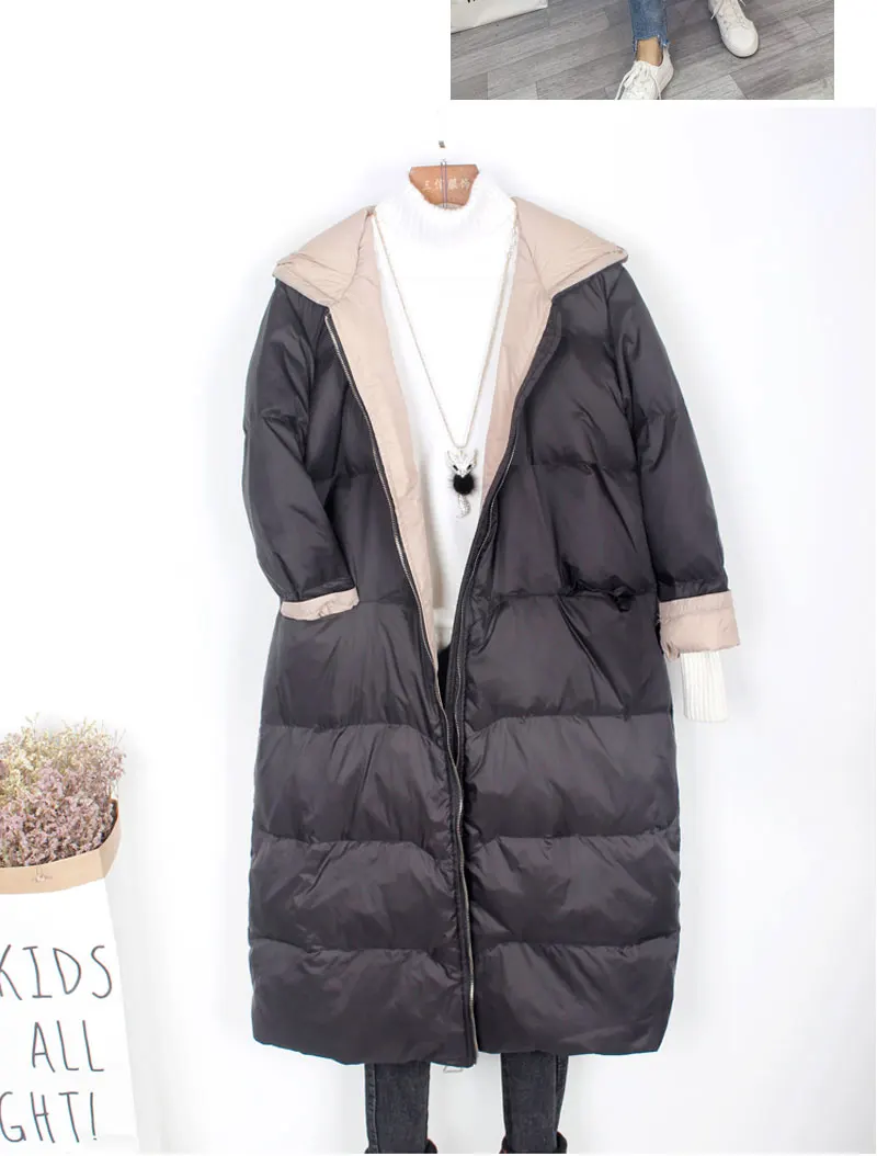 Women Fashion Winter Long White Duck Down Jacket Female Casual loose Soft Warm Feather Coat Hooded Windproof Larger Size Outwear - Цвет: Black
