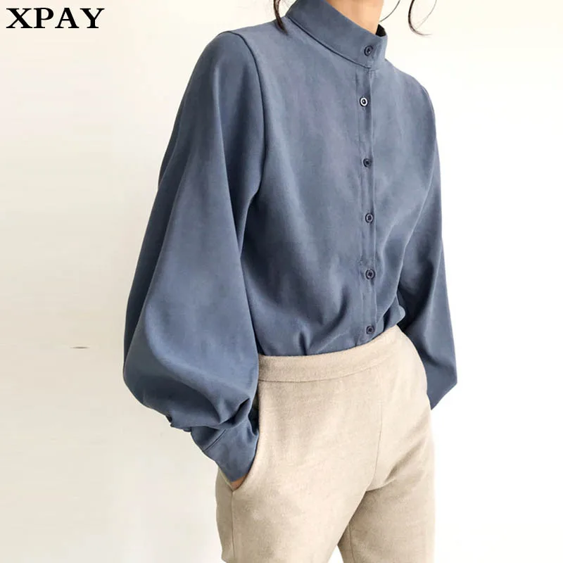

Blouse Women Women Tops And Blouses Plus Size Lantern Long Sleeve Solid Stand Collar Office Blouse Fashion Women Blouse Shirts