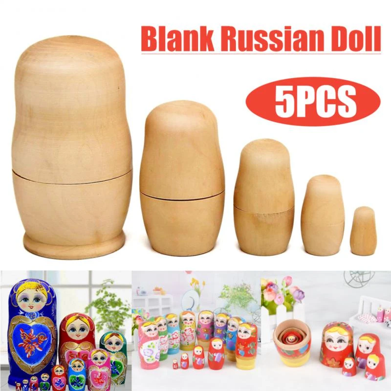 5pcs DIY Unpainted Blank Wooden Embryo Russian Nesting Dolls Matryoshka Toy v