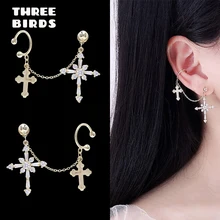 Новые трендовые серьги-гвоздики с двумя крестиками из AAA циркония, модные длинные серьги для женщин золотого и серебряного цвета, ювелирное изделие