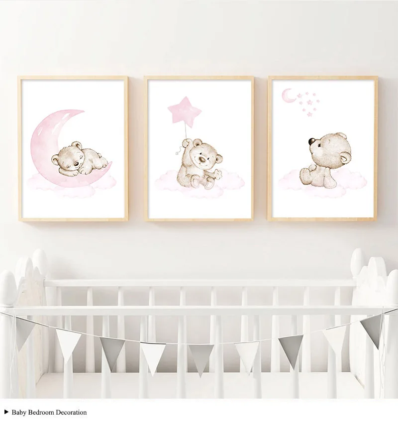 Розовый медведь Луна Звезда ребенок плакат для детской печати мультфильм наклейки для детской с животными холст живопись скандинавские дети декоративный постер для комнаты