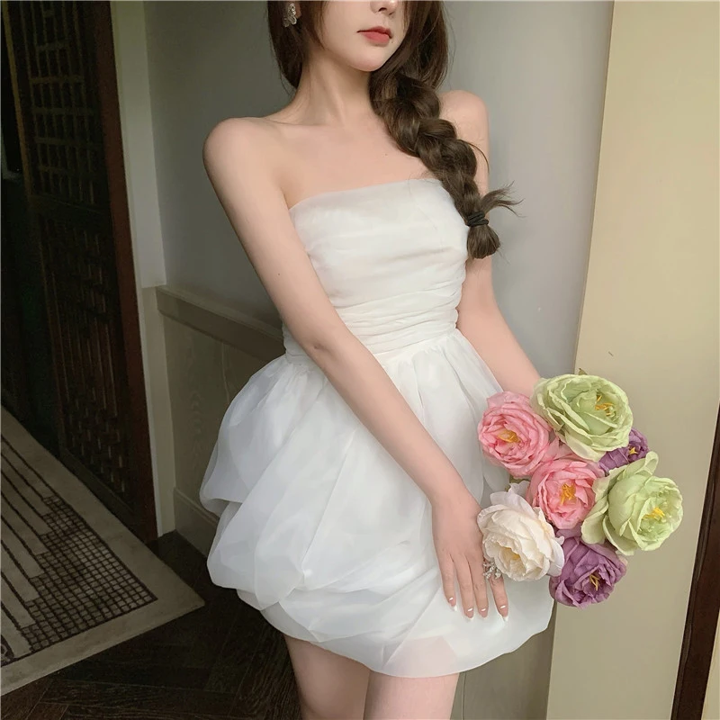 Sleeveless Mesh Solid Dress Female 2021 Summer Elegant Mini Dress Korean Sweet Women Casual Evening Party Kawaii One Piece Dress
