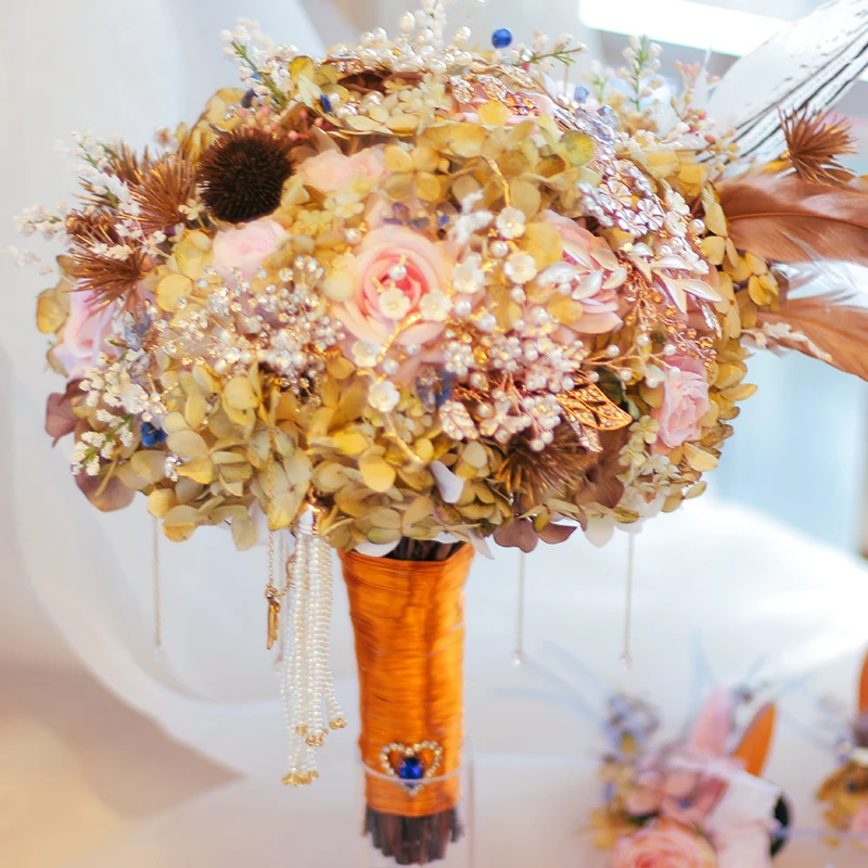 Pink rose bouquet Feather Flower bouquet wedding Bride Bridal Artificial Flowers Handmade decoration bouquets