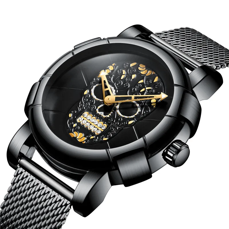 

BIDEN Brand Men Skull Watches Luxury Stainless Steel Water Resistant Quartz Wristwatch Mesh Steel Military Watch 0086