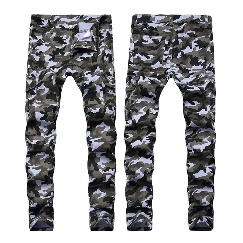 KIOVNO Men Cargo Camouflage Jeans Pants Multi Pockets Slim Fit Stretch Denim Trousers For Male Size 28-40  (1)
