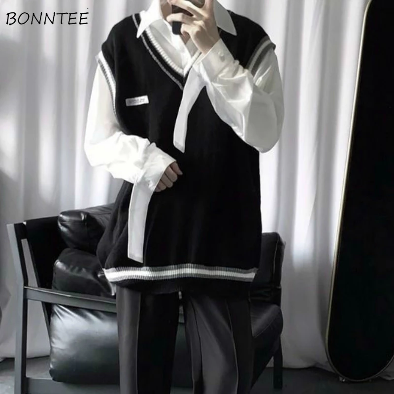 Chaleco de retales con cuello en V para hombres, suéteres de ocio sin mangas, chaleco elegante que combina con todo, estilo coreano, diario, adolescentes, parejas, BF