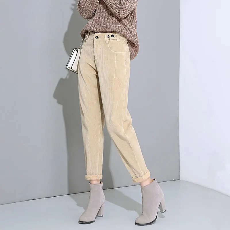 Осенне-зимние вельветовые брюки женские свободные бархатные теплые шаровары женские уличные повседневные брюки с высокой талией женские брюки Q1904 - Цвет: Apricot plus velvet