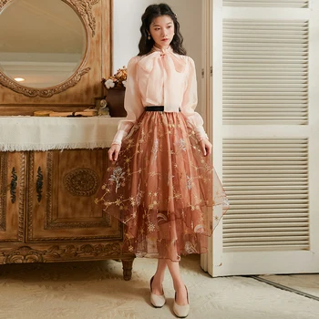 

HAMALIEL High Quality 2020 New Women 2 Piece Set Spring Bow Stand Collar Shirt Tops And Mesh Ruffles Starry Embroidery Skirt Set