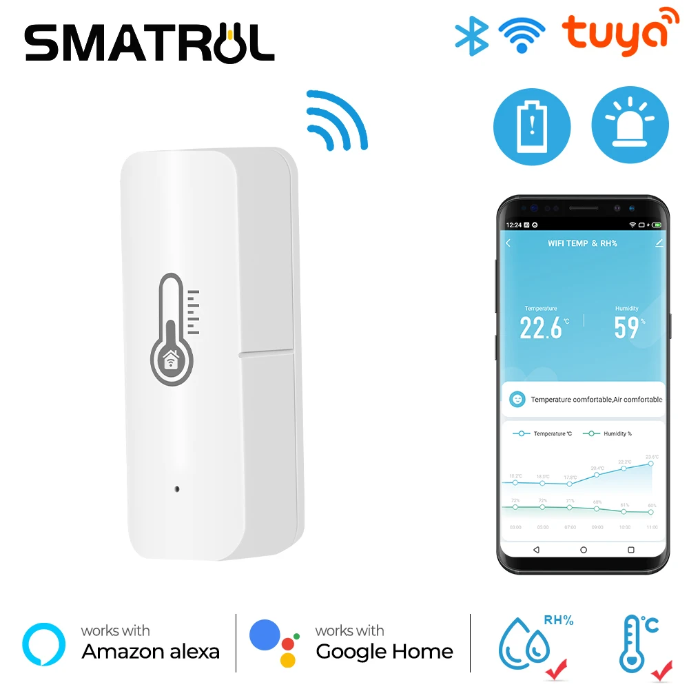 เบ้า Tuya Wifi สมาร์ทอุณหภูมิความชื้นเครื่องวัดความชื้นเครื่องวัดอุณหภูมิเครื่องตรวจจับเสียงปลุกสำหรับ Alexa Google Home 1