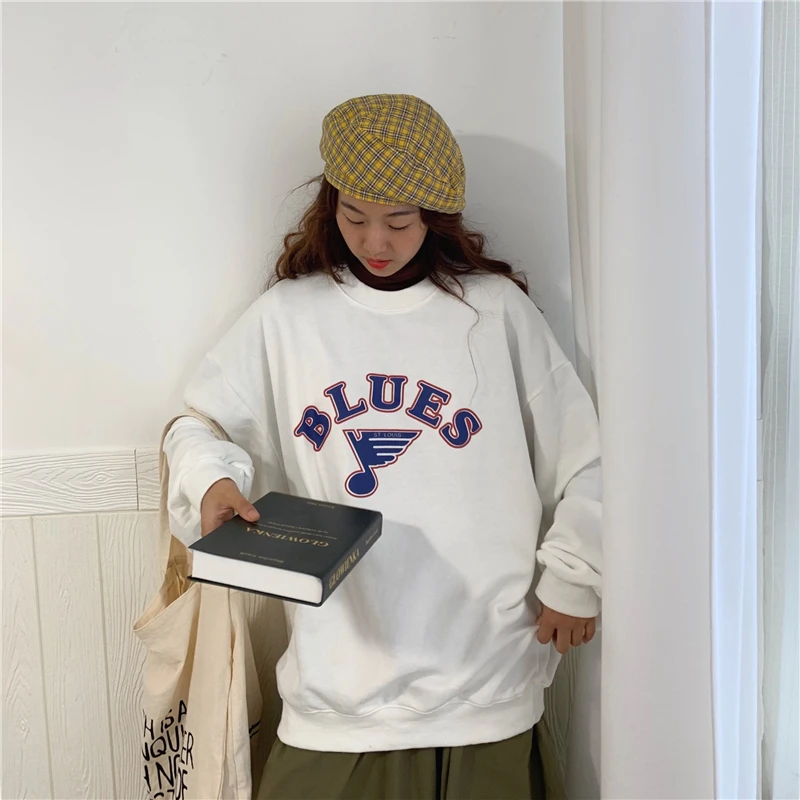 Letter Print Hoodies Women O-Neck Long Sleeve Long Sweatshirts Pullovers Casual Coat Autumn Korean Harajuku Loose Hoodies V529