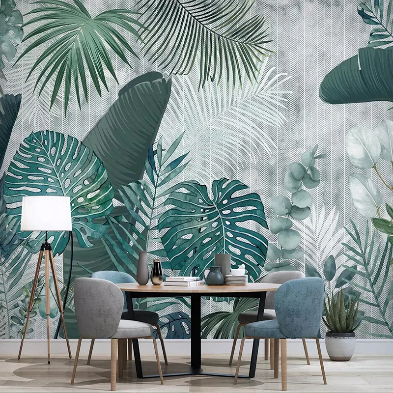

Drop Shipping Custom Wall Mural Papel De Parede Nordic Tropical Plants Leaf Murals Modern Pastoral Waterproof Canvas Wallpaper