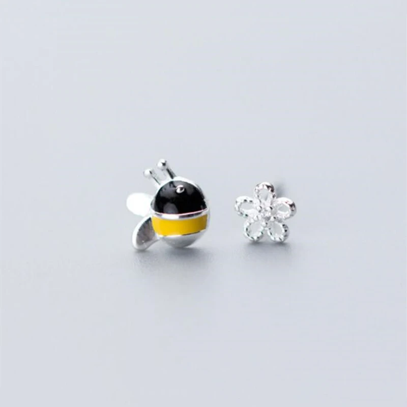 

100% 925 Sterling Silver Women's Jewelry Asymmetrical Bee Flowers Stud Earrings Gift for Girls Kids Lady Madam