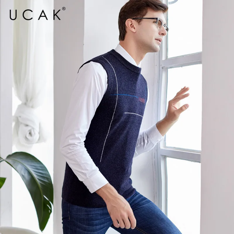 Buy UCAK Brand Pure Merino Wool Sweater Vest 2019 New Arrival Casual Autumn Winter Pull Homme Streetwear Warm O-Neck Sweaters U3113