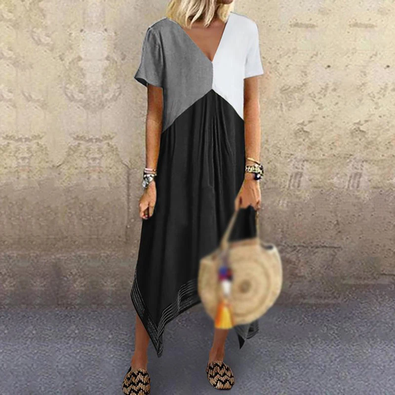 

summer Loose Dress V-neck Short Sleeve Contrast Color Stitching Irregular Hem patchwork women dresses