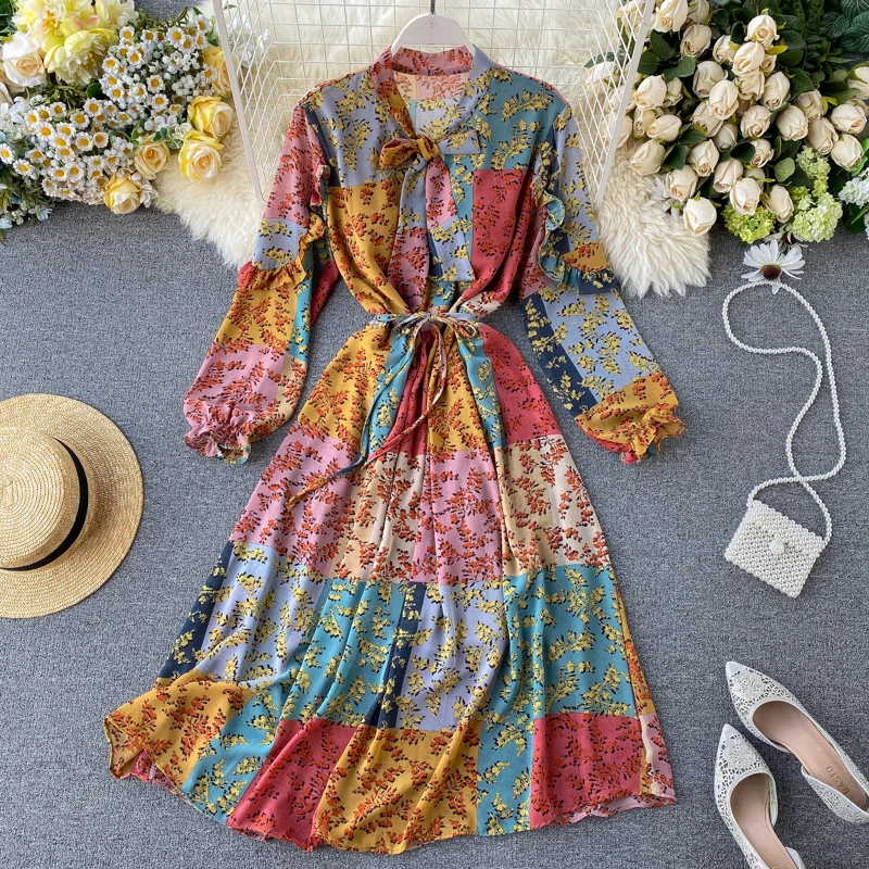 Color-1 Женское платье с цветочным рисунком, очень модное платье трапециевидной формы с бантом на воротнике и рукавами-фонариками, с принтом, на шнуровке, ML507 - Цвет: Color-1
