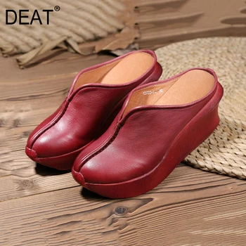 

[DEAT] 2020 New Spring Summer Round Toe Shallow Personality Retro Genuine Leather Wedges Heels Slippers Women Shoes Tide 10G322