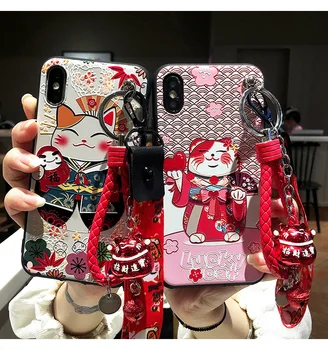 

SAM S11 plus Cute Fortune Cat Case, Relief Lucky Cat back cover For Sansung S7 edge S8 S9 S10 S11E note5/8 /9 /10 case+Straps