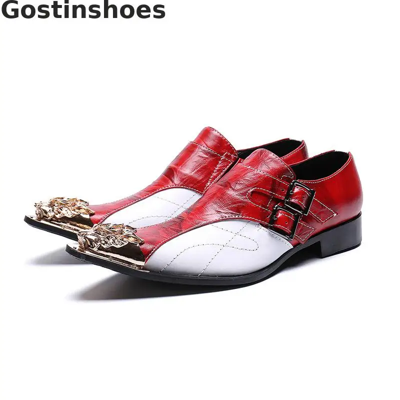 

Mixed Color Red And White Fashion Leather Shoes Men Genuine Leather Buckle Straps Pointed Toe Set Foot Casual Leisure Shoes Men