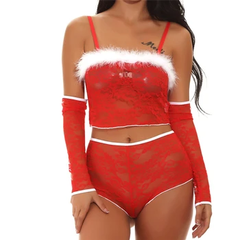 

S-2XL Plus Size Two Piece Christmas Plus Size Women Sexy Underwear Spice Suit Temptation With Sleeve Hot Seductive Lingerie A20