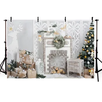

Mehofond Christmas Tree Backdrop White Wall Wood Gift Fireplace Decorations Photography Backgrounds for Photo Studio Photocall