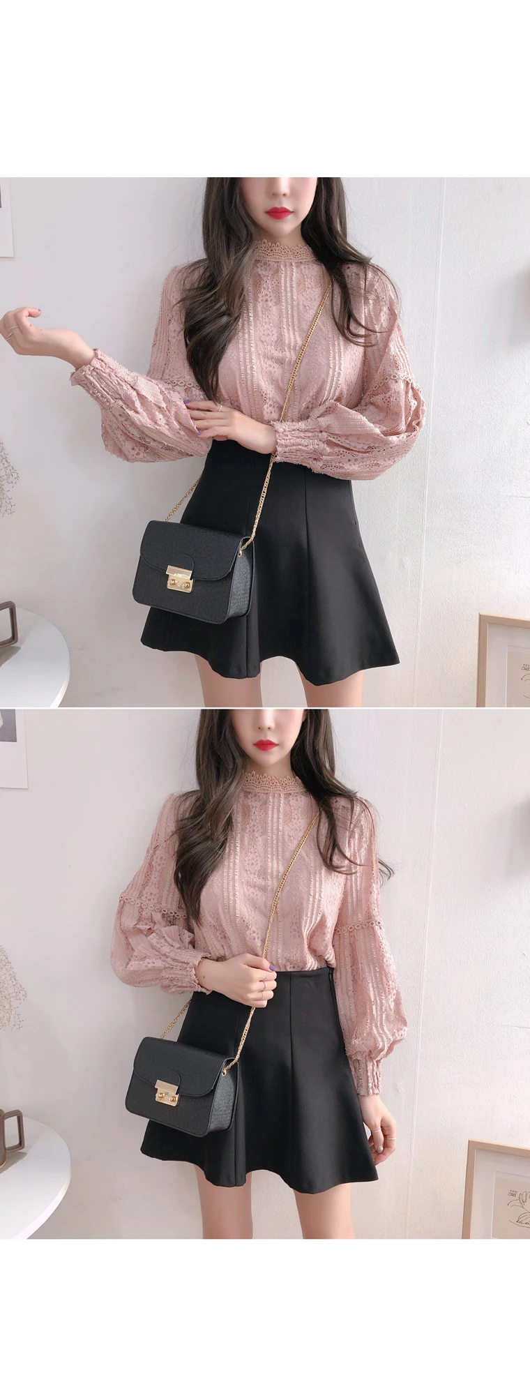 Blusas mujer de moda, женские топы с длинным рукавом, кружевная блузка, рубашки для женщин, топы, сплайсированные одноцветные Женские топы со стойкой, розовые 6899 50