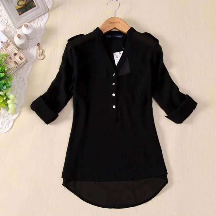 Women Blouse Button V Neck Spring Summer V-neck Chiffon fabric Long Sleeve Casual Shirt Office Lady Elegant Blouse Shirt Tops P5 3