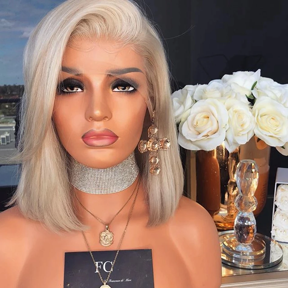 Transparent Ombre Platinum Blonde Blue Full Lace Human Hair Wigs with Baby Hair Short Bob 13x6 Lace Front Wigs Natural Hairline
