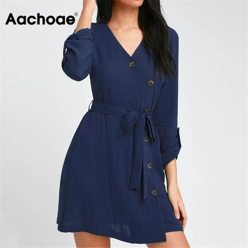 Aachoae 2020 Summer Mini Dress Women V Neck Long Sleeve Button Dress Bandage Party Dress Casual Solid Dresses Sundress Vestido Aachoae 2020 Summer Mini Dress Women V Neck Long Sleeve Button Dress Bandage Party Dress Casual Solid Dresses Sundress Vestido