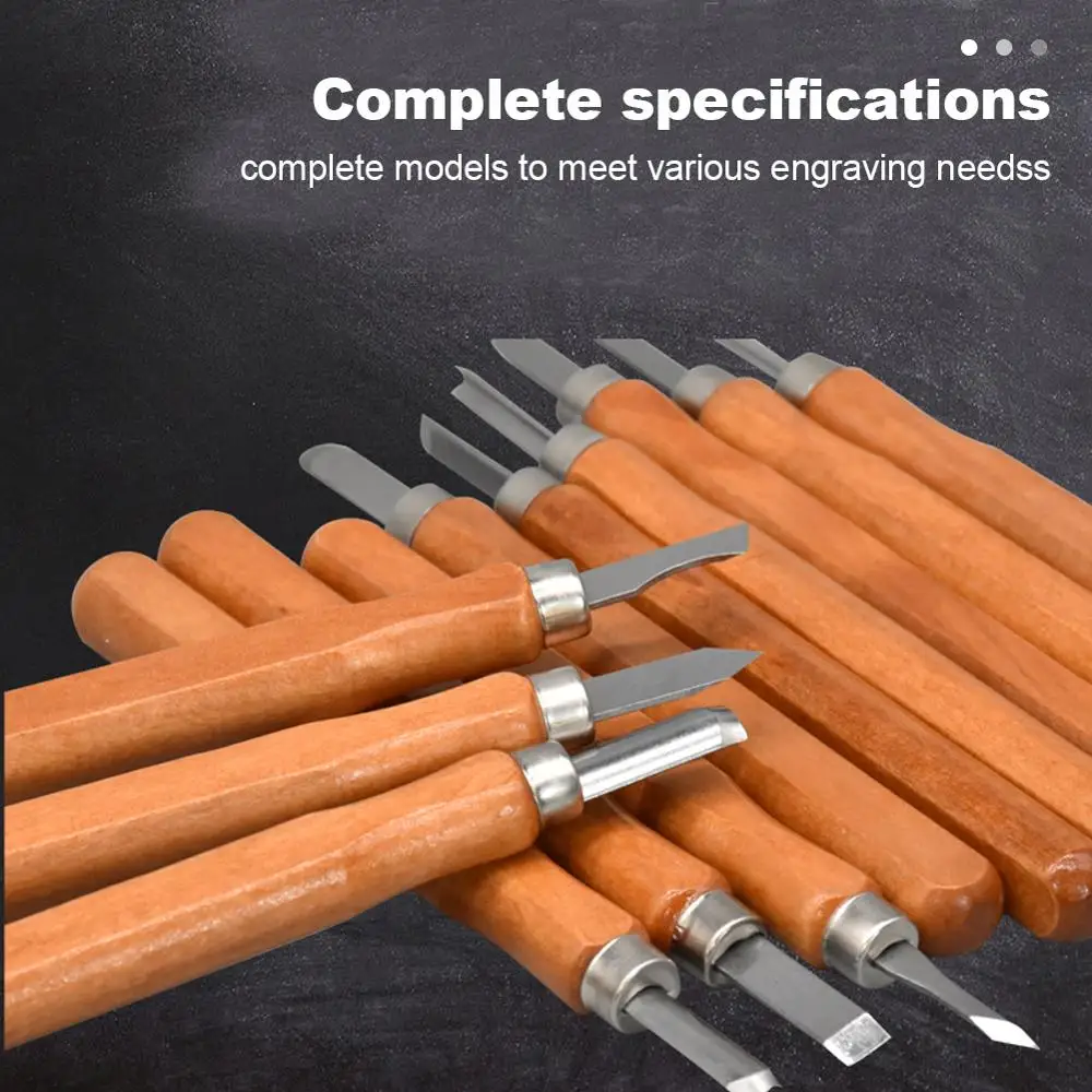 12pcs DIY Hand Crafts Cutter Graver Steel Woodcut Knife Woodworking Sculpture Wood Carving Tools Arts Wooden Handle Chisel Set |
