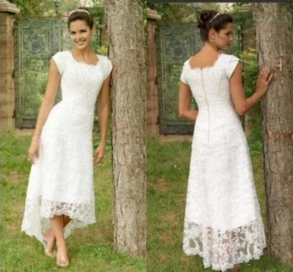 

Hot Tea Length High Low Lace 2020 Wedding Dresses Cap Sleeves Modest Wedding Dress Elegant Pleats Custom Made Beach Bridal Gown