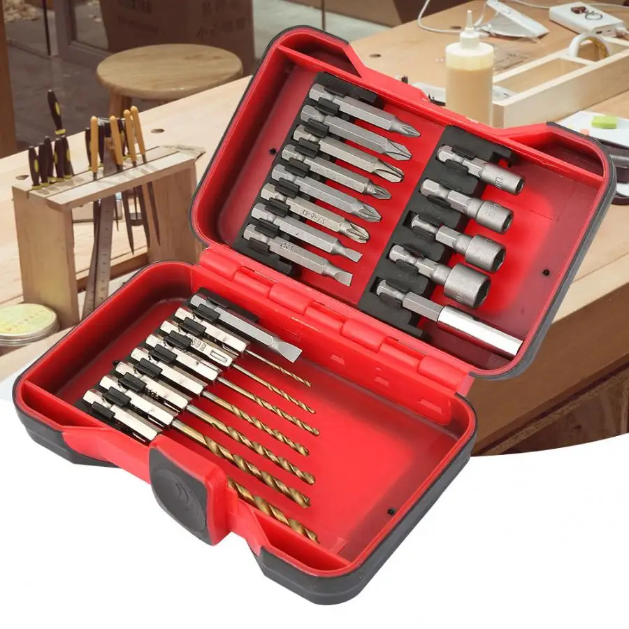 

21Pcs/set Professional Hex Shank Screwdriver and Titanium Coated Drill Bit Set w/ Red Plastic Box Power Tools Domestic Delivery