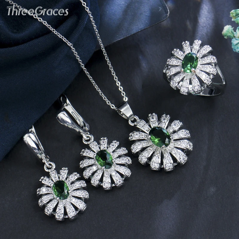 ThreeGraces Green Emerald Cubic Zirconia Stone Flower Necklace Earring and Ring Set 925 Sterling Silver Jewelry for Women  JS500