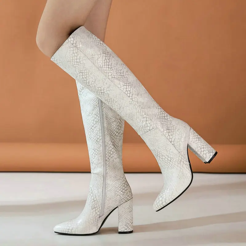 

Snake Print PU Leather Women Knee High Boots Fashion Pointed Toe Zipper Ladies Boots Chuniky Heel Women Shoes Black Blue White