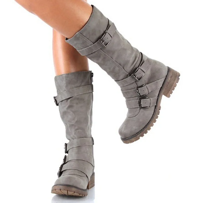 Oeak/ботинки до середины икры женские модные ботинки на платформе однотонная женская Повседневная теплая зимняя обувь на плоской подошве без шнуровки - Цвет: Gray