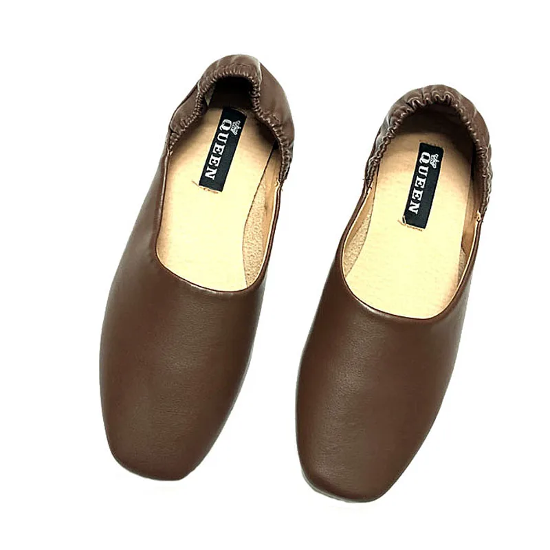 Women Ladies soft leather ballet flats foldable roll-up shoes brief square toe grandma shoes woman street 2-ways retro moccasins