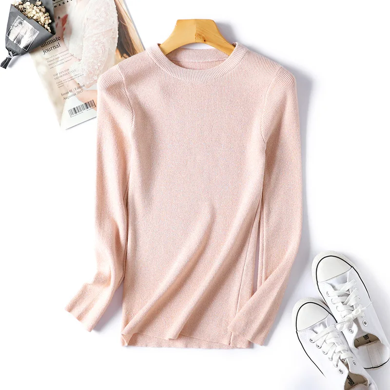 

Women Bright Silk Knitted Sweater Pullovers Pink Green Black Red Korean Style Solid Color Basic Tops Autumn Winter Clothing