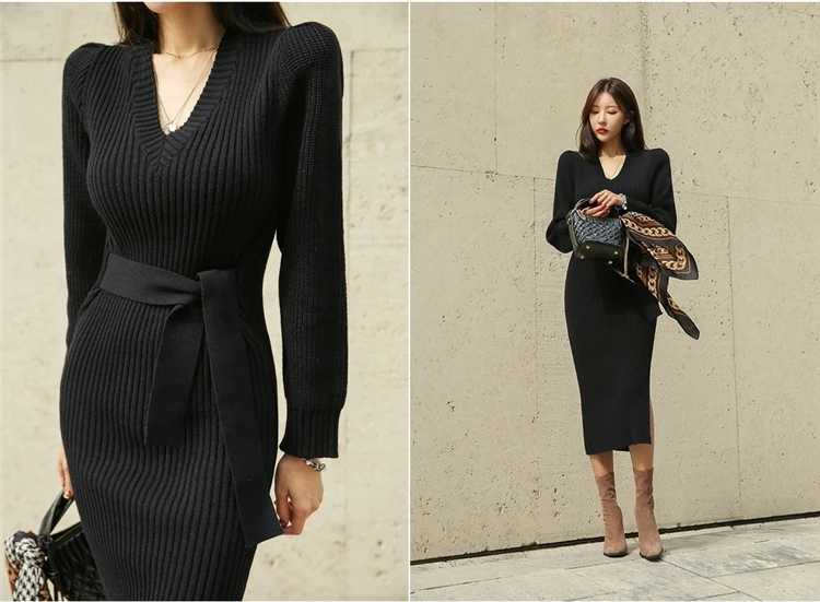Длинное трикотажное платье-свитер для женщин осень зима корейский стиль женские облегающие платья с длинным рукавом черное розовое платье для женщин
