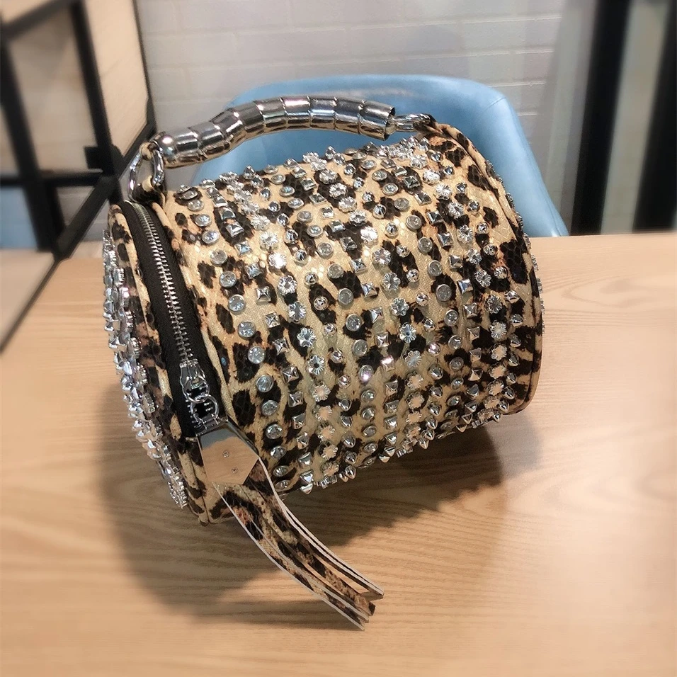 Fashion Women S Bag New Leopard Print Handbag Diamond Crossbody Bag Ladies Small Shoulder Bucket Bag Rivet Rhinestone Single Shoulder Bags Aliexpress