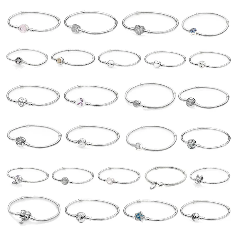

925 Sterling Silver Snake Chain Original Pans Bracelet with Snowflake Heart Flower Clasp Women DIY Charm Bead Jewellery Gift