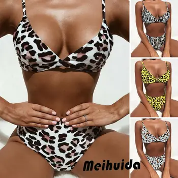 

Womens Beach Style Sleeveless Leopard Print High Waisted Bikini Set Push Up Bra Padded 2Pcs Summer Swimsuit Swimwear
