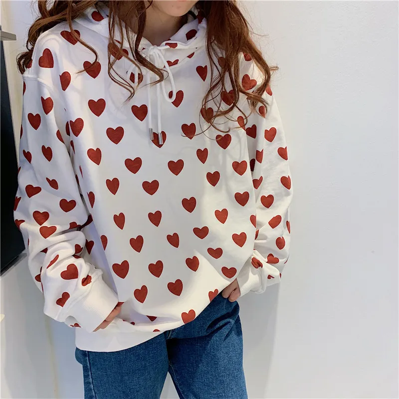 Толстовка с принтом в виде сердца для женщин Kawaii Толстовка Harajuku одежда пуловер с капюшоном корейского размера плюс хлопок Повседневная Уличная одежда Топ W112