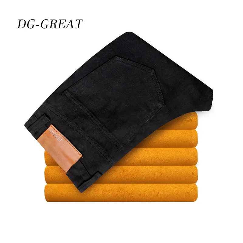 

2019 Warm Jeans Men Gold Fleece Autumn Winter Jeans Flocking Jeans Smart Business Casual Stretch Slim Jeans Classic Trousers